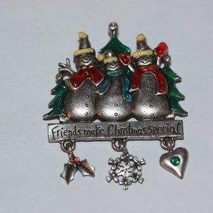 AJMC Signed Vintage Pin Brooch Christmas Snowman Friends Dangle Charm
